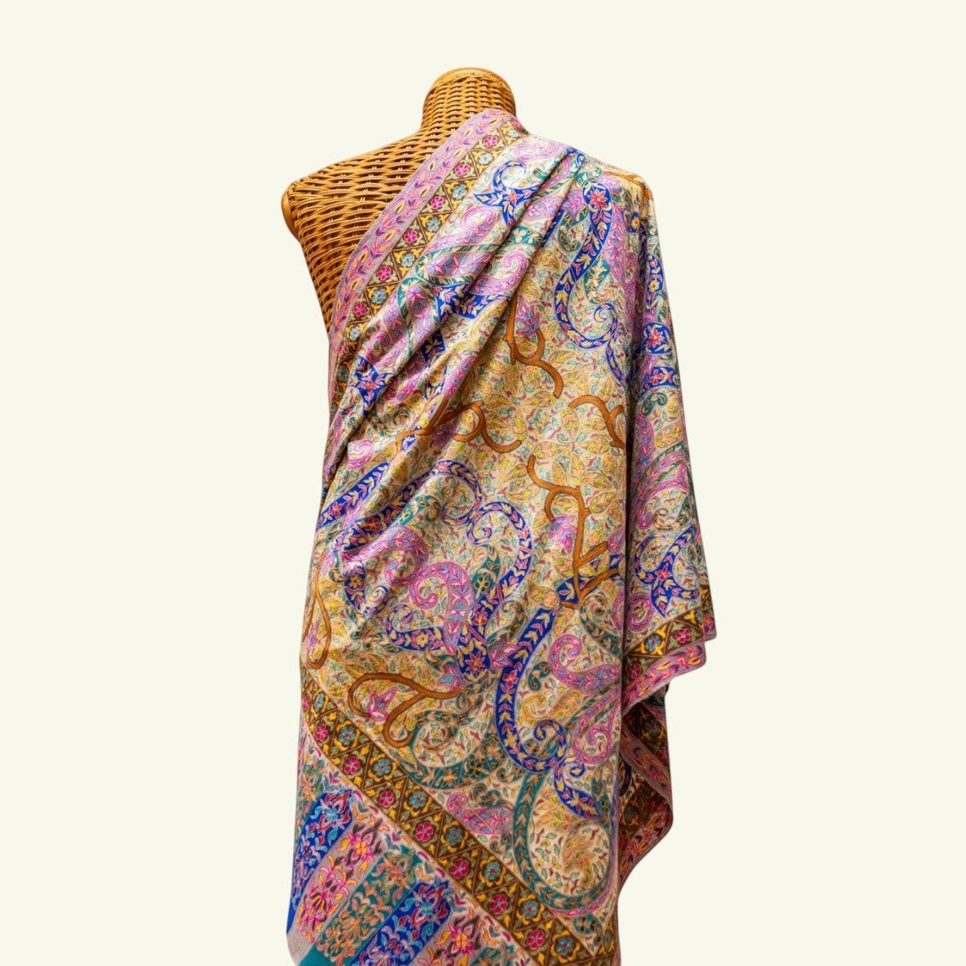 VICTORIA Pure Pashmina Shawl – Draped View Showing Red & Brown Kalamkari Hand-Painted Cashmere Heirloom Wrap | Indus Weavers