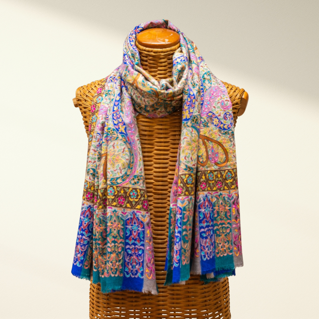 Luxurious Kalamkari Shawl VICTORIA Pashmina Handcrafted Wrap - Indus Weavers