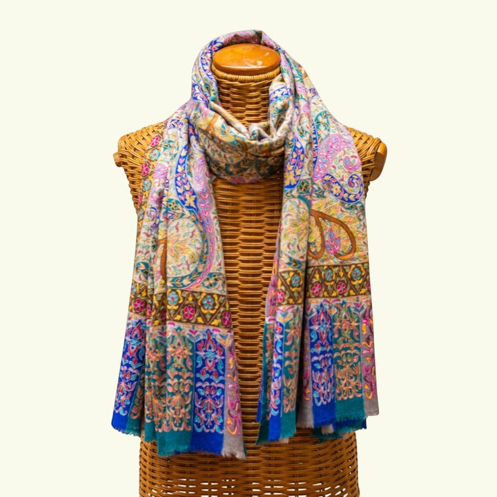 VICTORIA Kashmiri Kalamkari Pashmina Shawl – Full View Red & Brown Hand-Painted Organic Dye Cashmere Wrap | Indus Weavers