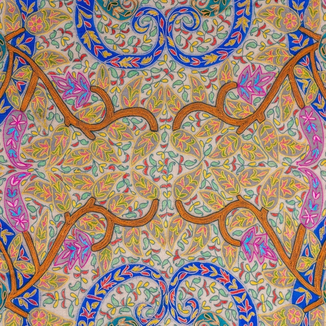 VICTORIA One-of-a-Kind Kalamkari Pashmina Shawl – Border & Fringe Detail of 24-Month Hand-Painted Aari Sozni Embroidered Cashmere | Indus Weavers