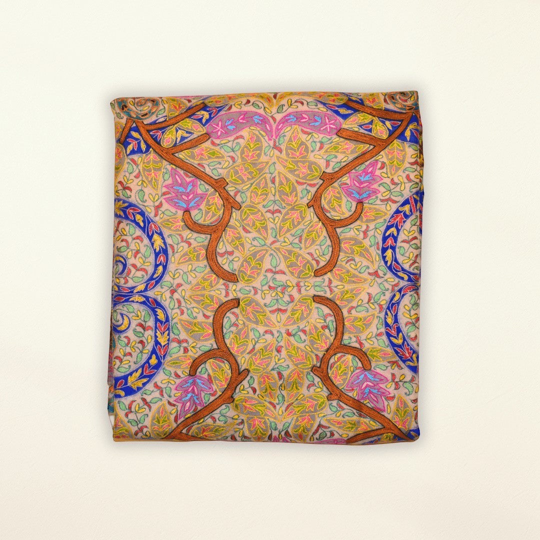 VICTORIA Heirloom Kalamkari Cashmere Wrap – Flat Lay of 100x200cm Red Brown Pashmina with Aari Sozni Embroidery | Indus Weavers