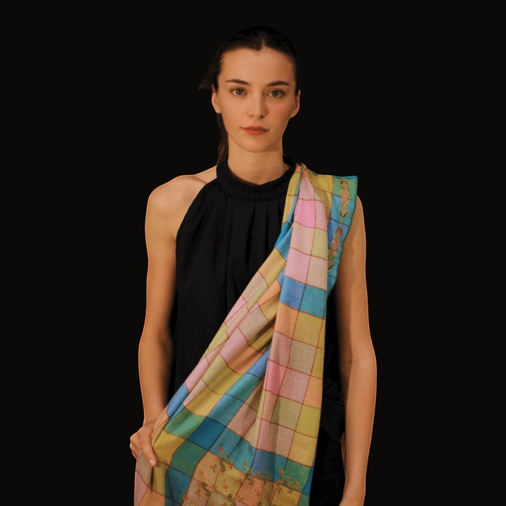 AYESHA Pure Cashmere Shawl – Side Drape View Showing Soft Pink Blue Peach Checkered Pattern & Embroidered Edge | Indus Weavers