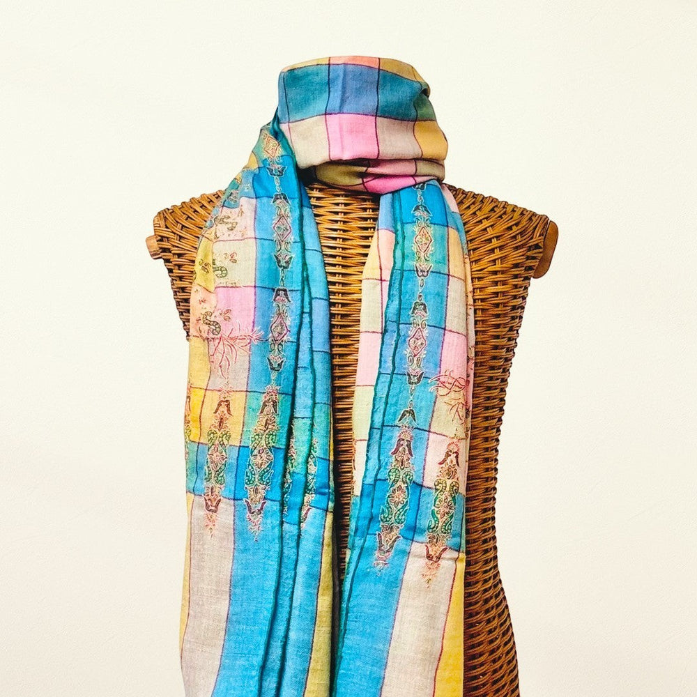 AYESHA Ladakhi Pashmina Shawl – Full View Pink Blue & Peach Checkered Cashmere Wrap with Paisley Border Embroidery | Indus Weavers