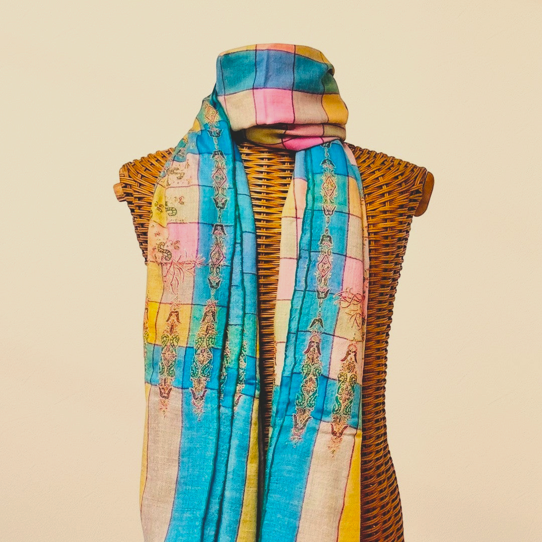 AYESHA Ladakhi Pashmina Shawl – Full View Pink Blue & Peach Checkered Cashmere Wrap with Paisley Border Embroidery | Indus Weavers