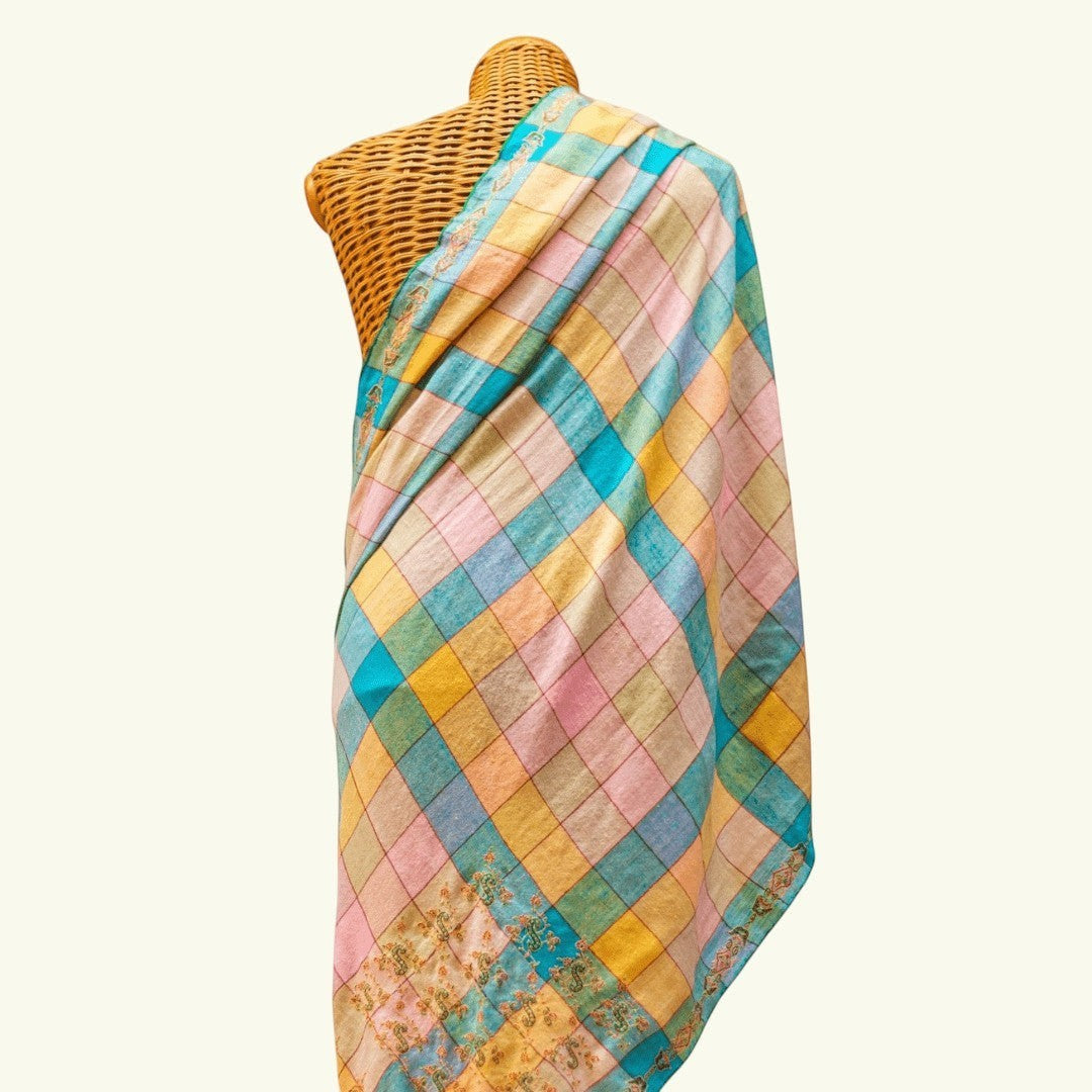 AYESHA Luxury Pashmina Shawl – Draped Lifestyle View of Pastel Pink Blue Peach Cashmere with Embroidered Borders | Indus Weavers