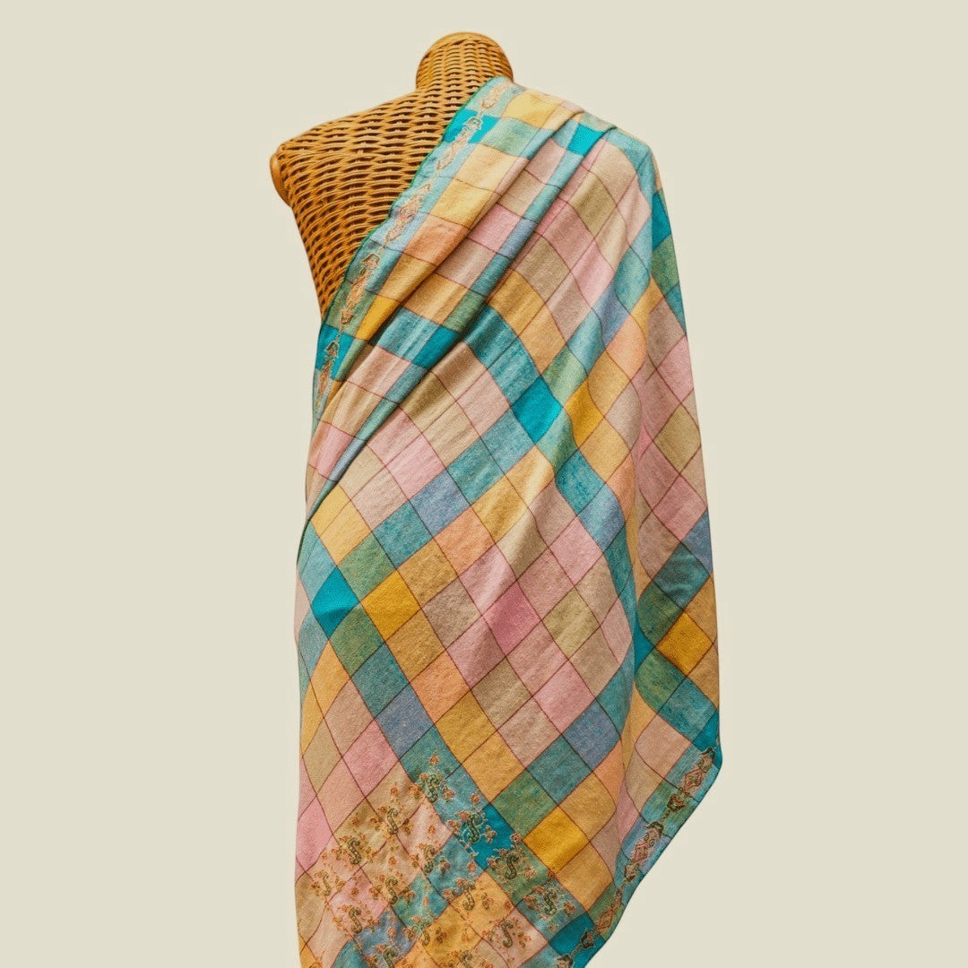 AYESHA Luxury Pashmina Shawl – Draped Lifestyle View of Pastel Pink Blue Peach Cashmere with Embroidered Borders | Indus Weavers