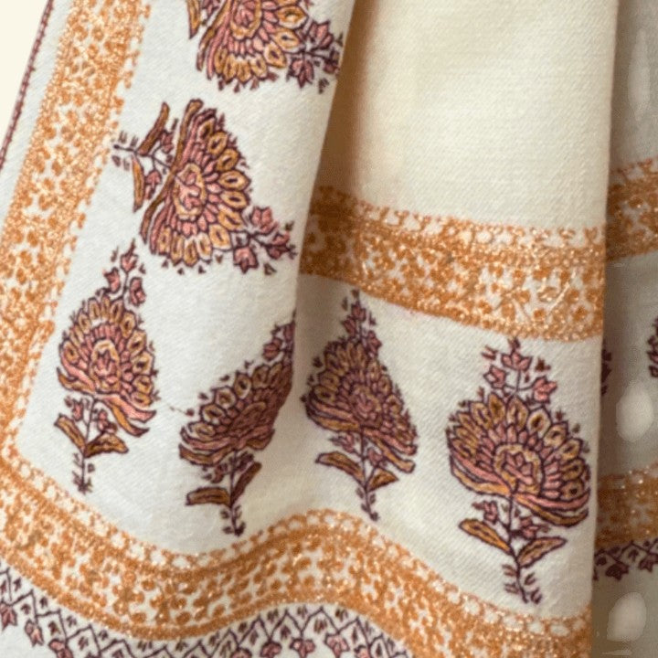 MIELE Luxury Cashmere Wrap – Close-Up of Metallic Tilla Zari Embroidery on All Four Borders of Ivory Pashmina | Indus Weavers