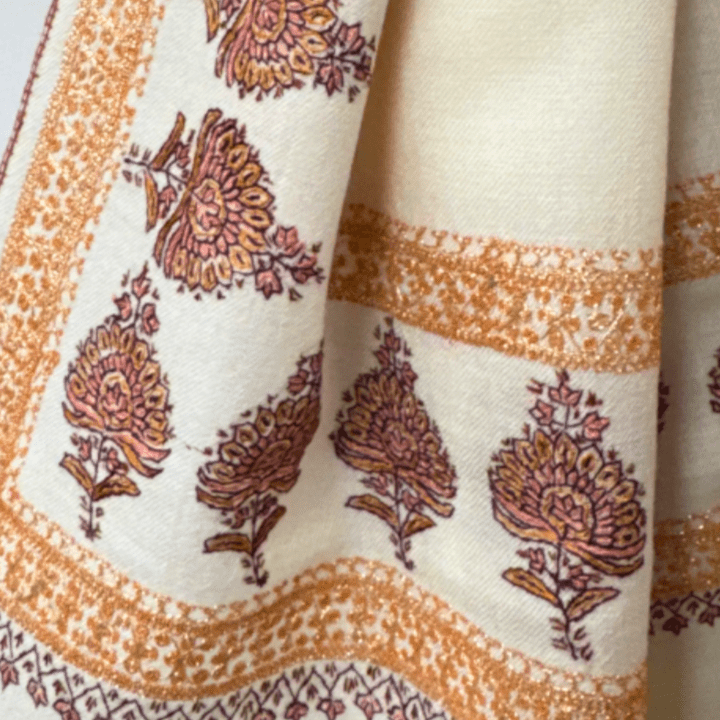MIELE – Metallic Cashmere Pashmina Shawl | Ivory Handwoven Tilla Zari Embroidered Luxury Wrap - Indus Weavers