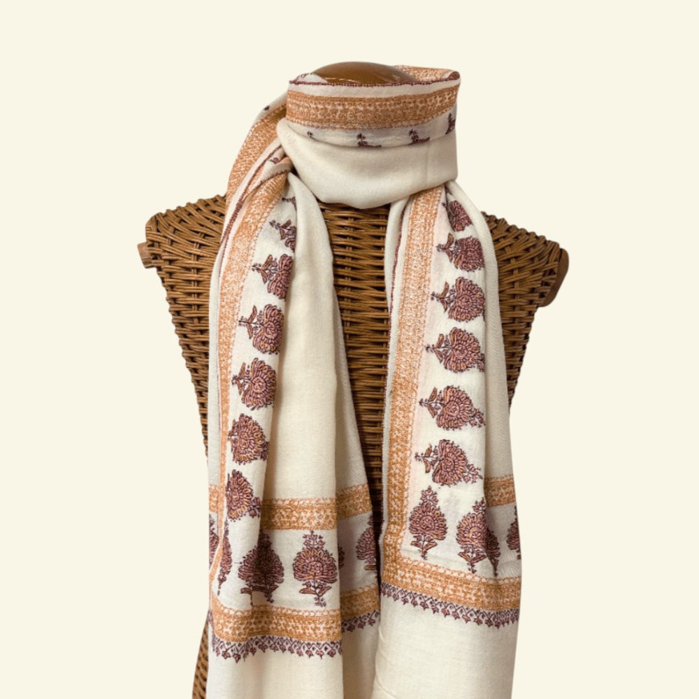 MIELE Kashmiri Pashmina Shawl – Full View Ivory Cashmere Wrap with Metallic Tilla Zari Border Embroidery | Indus Weavers