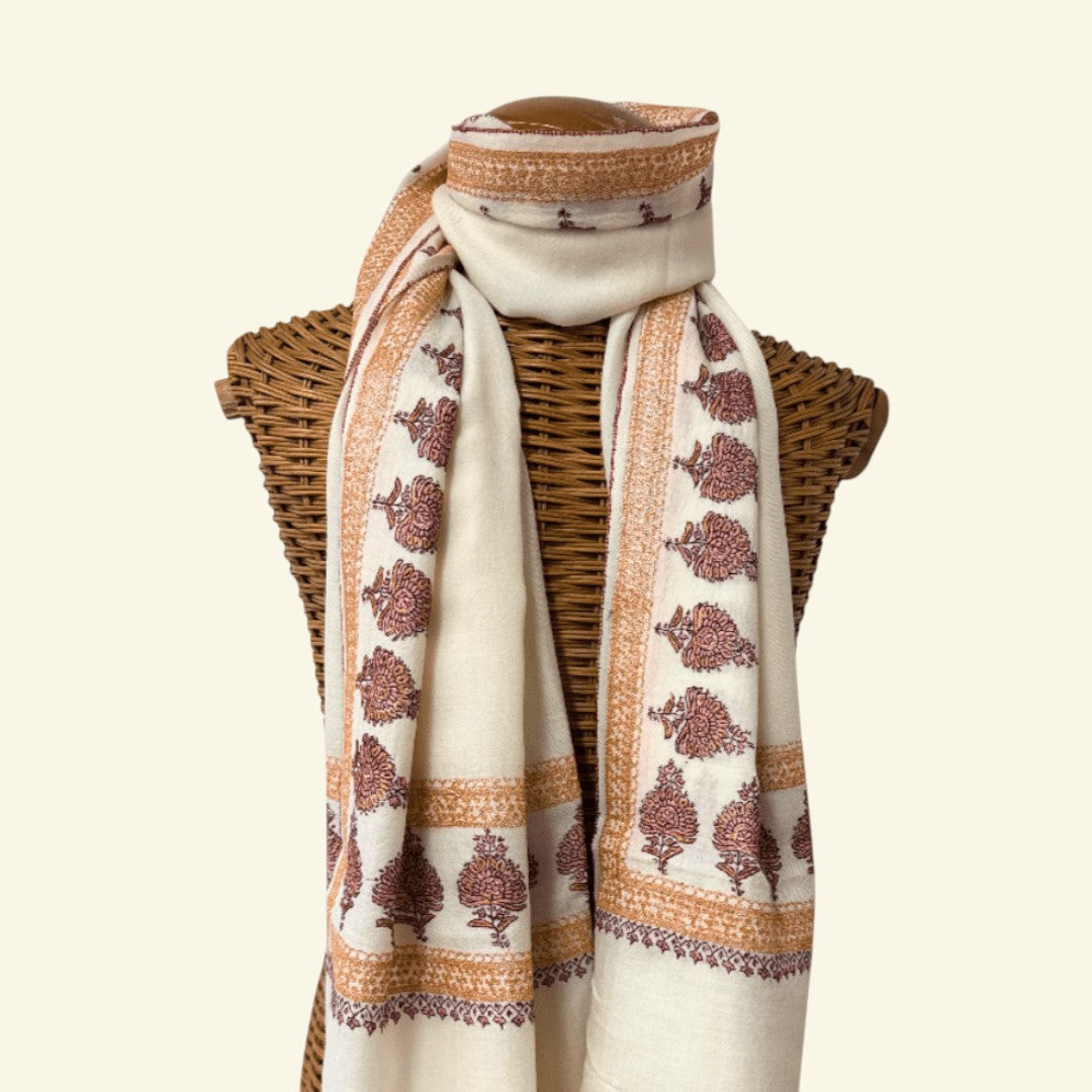 MIELE Kashmiri Pashmina Shawl – Full View Ivory Cashmere Wrap with Metallic Tilla Zari Border Embroidery | Indus Weavers