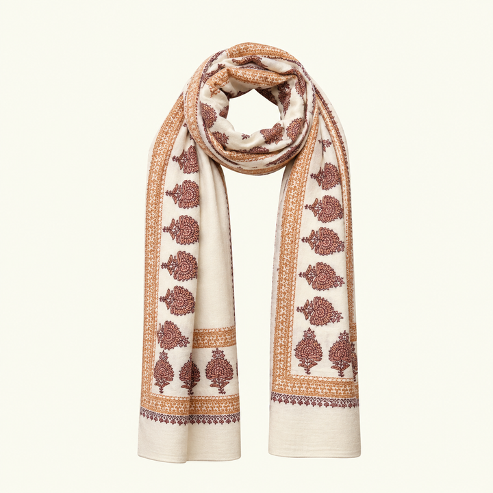 cashmere pashmina with motifs and orange border detailing with purple end detailing on the border.