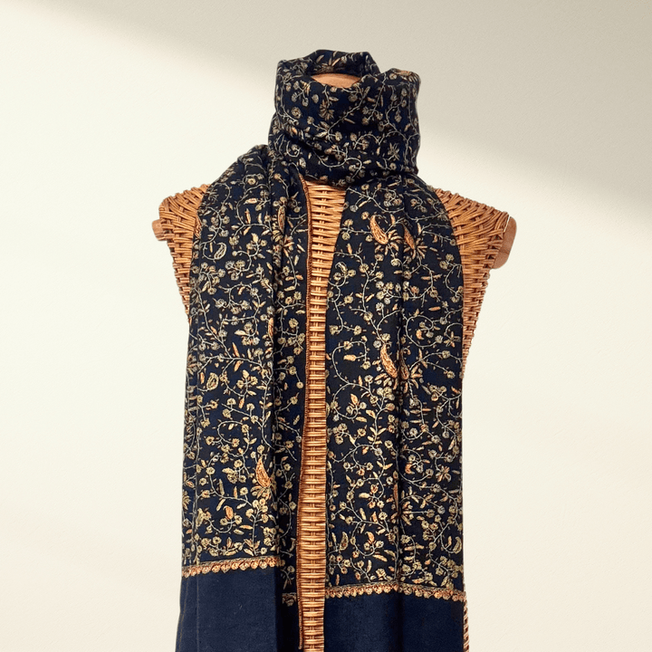 NOIRELLE – Luxurious Handwoven Cashmere Shawl | Antique Sozni Needlework Embroidery, Merino Wool Wrap - Indus Weavers