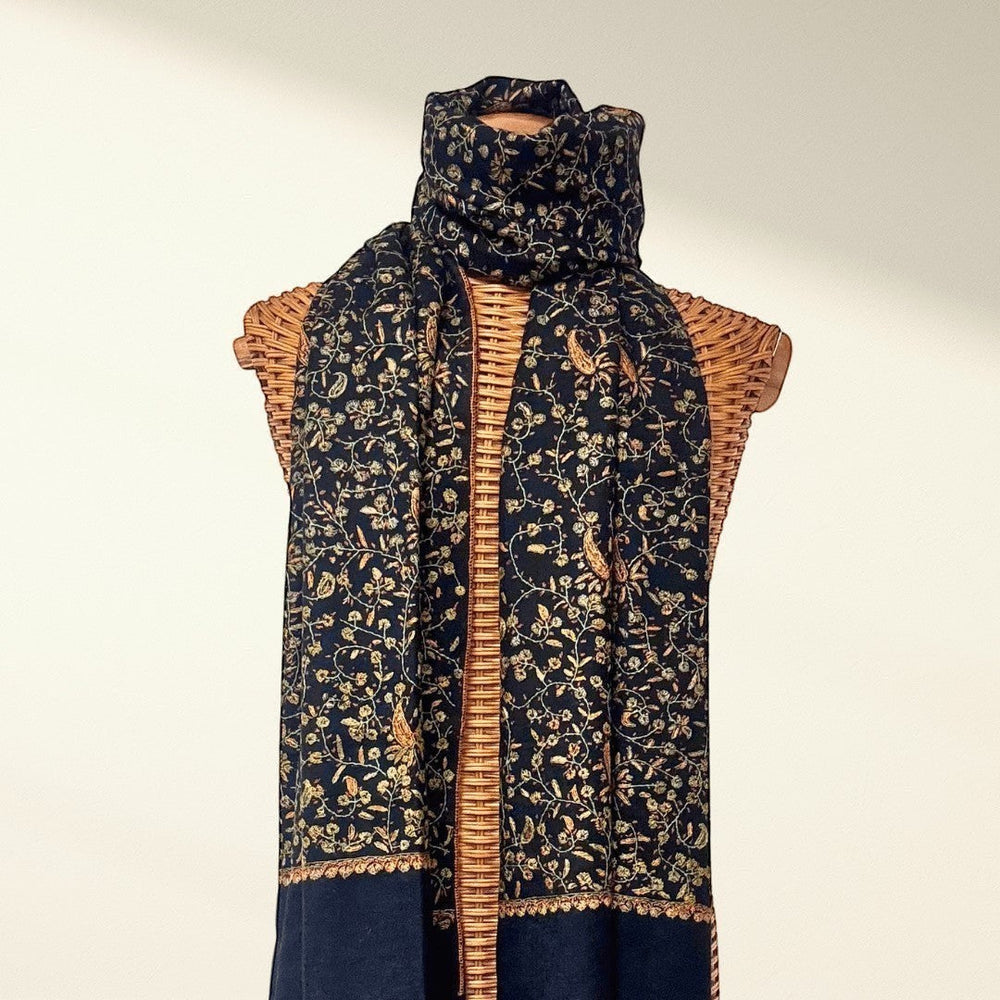 NOIRELLE Merino Cashmere Shawl – Full View Handwoven Black Wrap with Antique Sozni Embroidery | Indus Weavers