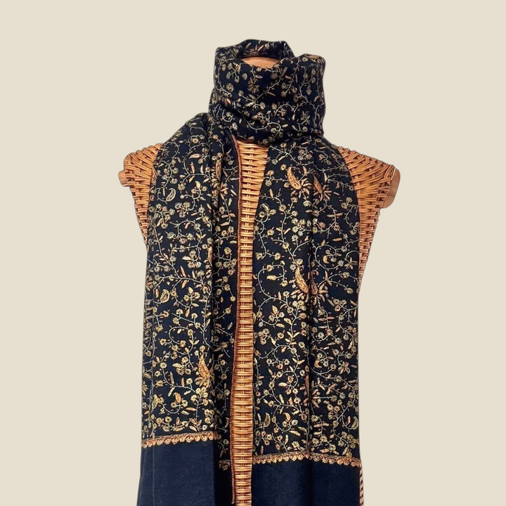 NOIRELLE Merino Cashmere Shawl – Full View Handwoven Black Wrap with Antique Sozni Embroidery | Indus Weavers