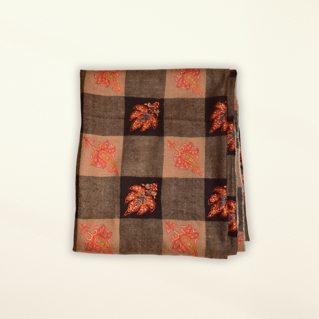Pashmina Shawl CHLOE Classic Checkered with Sozni Embroidery - Indus Weavers