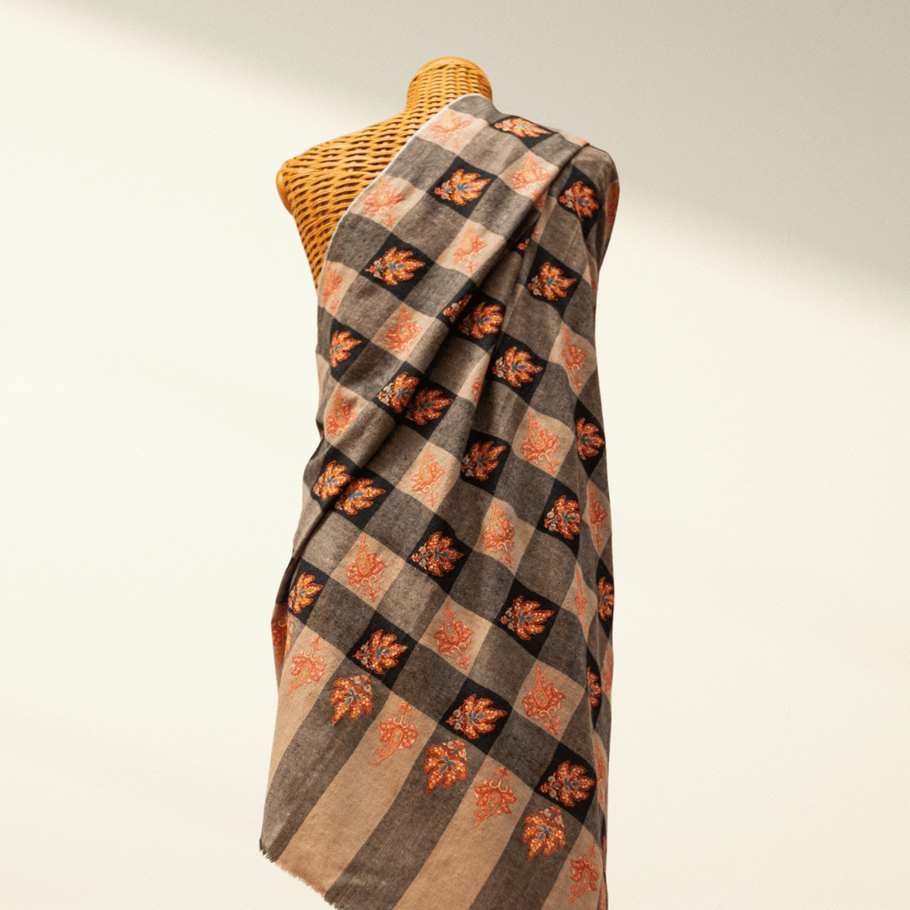Pashmina Shawl CHLOE Classic Checkered with Sozni Embroidery - Indus Weavers
