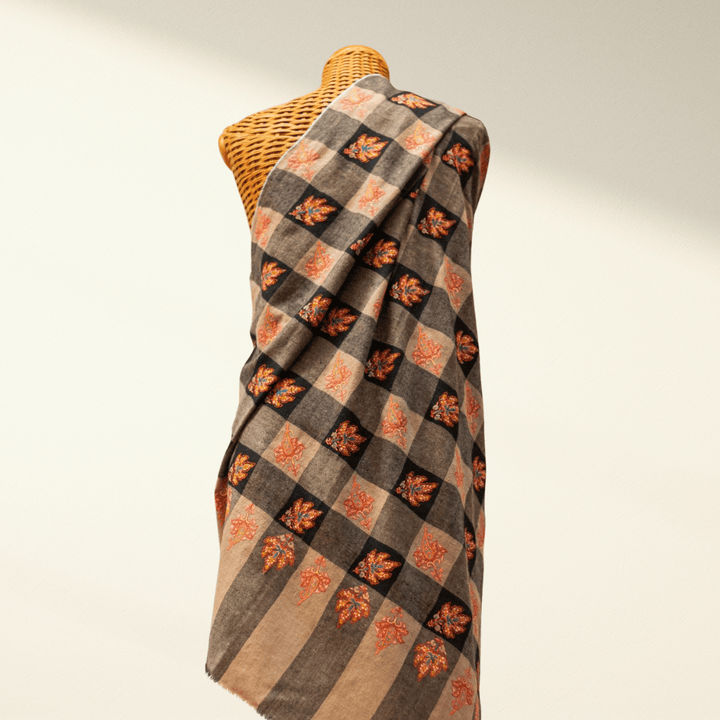Pashmina Shawl CHLOE Classic Checkered with Sozni Embroidery - Indus Weavers