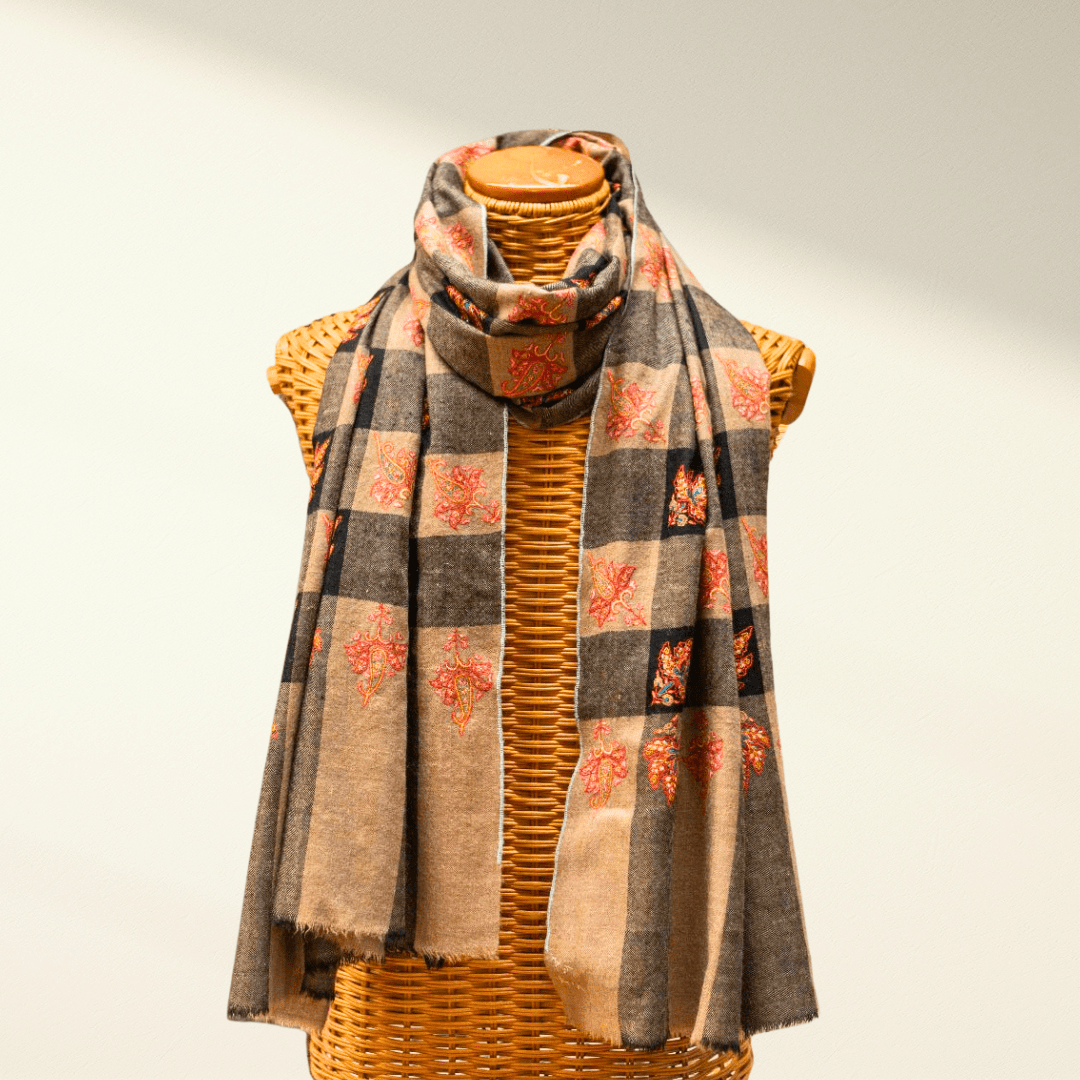 Pashmina Shawl CHLOE Classic Checkered with Sozni Embroidery - Indus Weavers