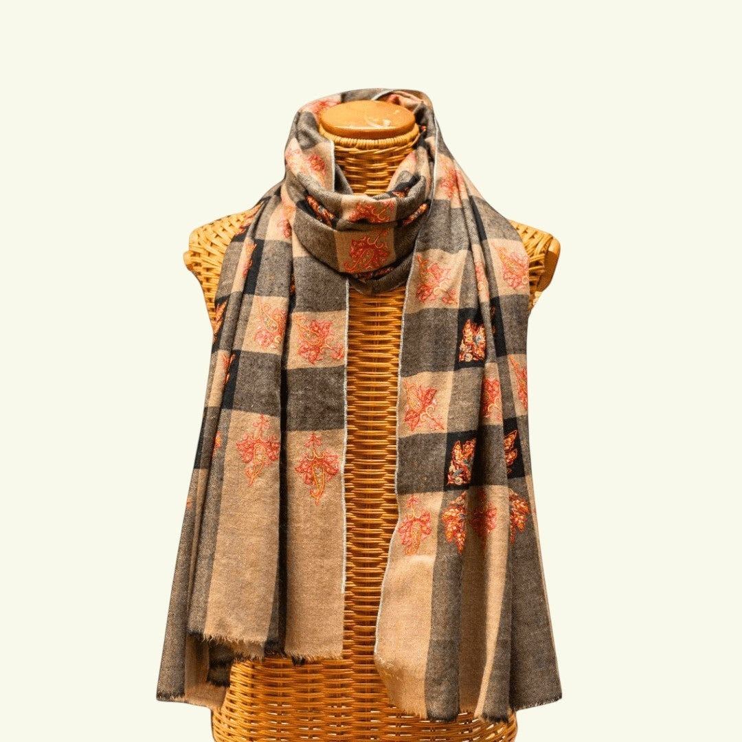 CHLOE Kashmiri Pashmina Shawl – Full View Beige Black & Grey Checkered Cashmere Wrap with Copper-Orange Sozni Embroidery | Indus Weavers