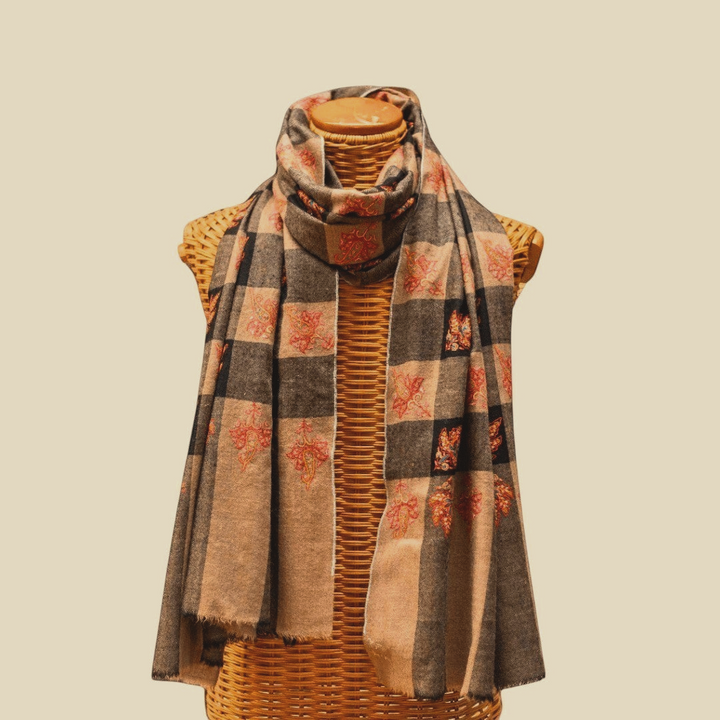 CHLOE Kashmiri Pashmina Shawl – Full View Beige Black & Grey Checkered Cashmere Wrap with Copper-Orange Sozni Embroidery | Indus Weavers
