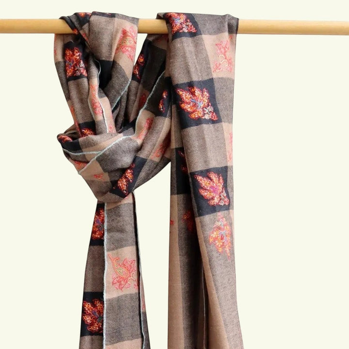 CHLOE Pure Kashmiri Pashmina – Side View of 14-Month Handcrafted Sozni Embroidered Checkered Cashmere Wrap | Indus Weavers