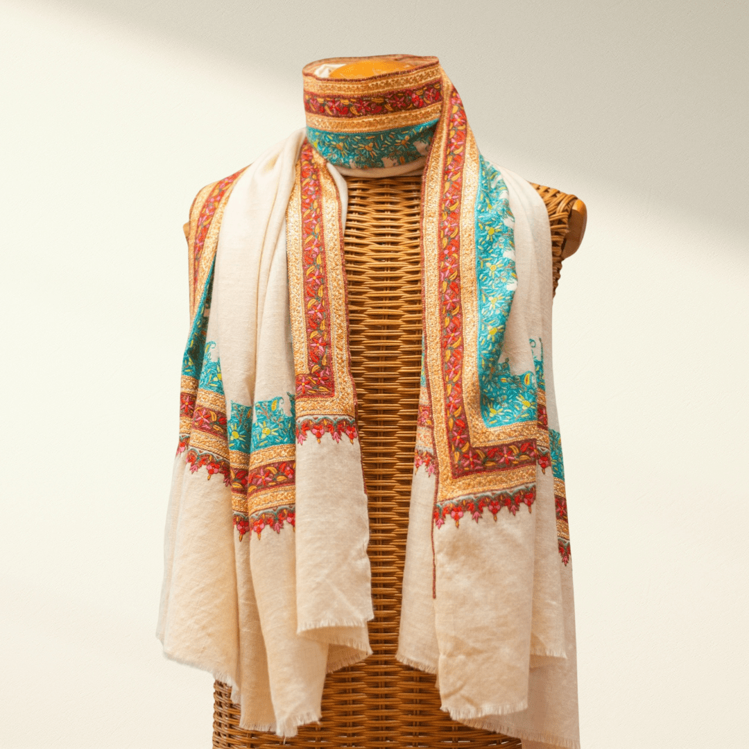 Pashmina Shawl SONA Cashmere Sozni Metallic Hand - Embroidered Wrap - Indus Weavers