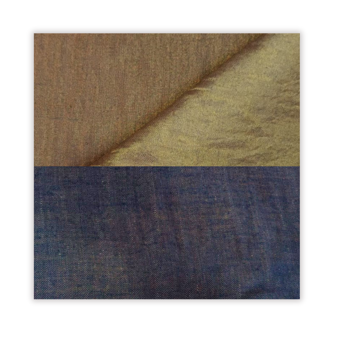 pashmina swatches in golden and blue on a white background