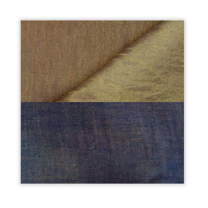 pashmina swatches in golden and blue on a white background
