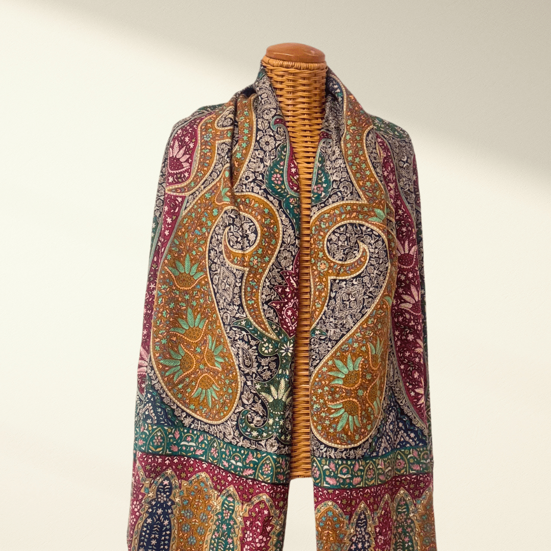 RANEE – Hand - Painted Kalamkari Pashmina Shawl | Aari Sozni Embroidered Cashmere Wrap - Indus Weavers