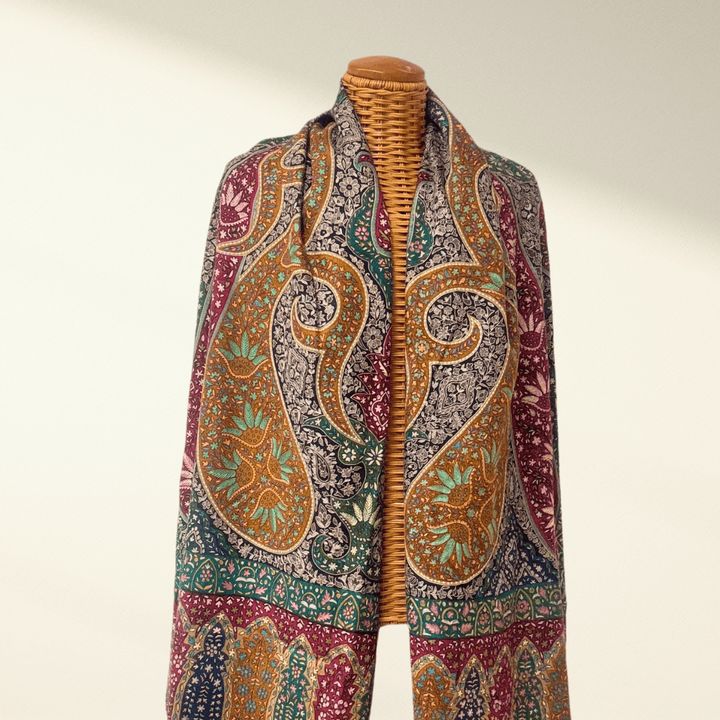 RANEE – Hand - Painted Kalamkari Pashmina Shawl | Aari Sozni Embroidered Cashmere Wrap - Indus Weavers