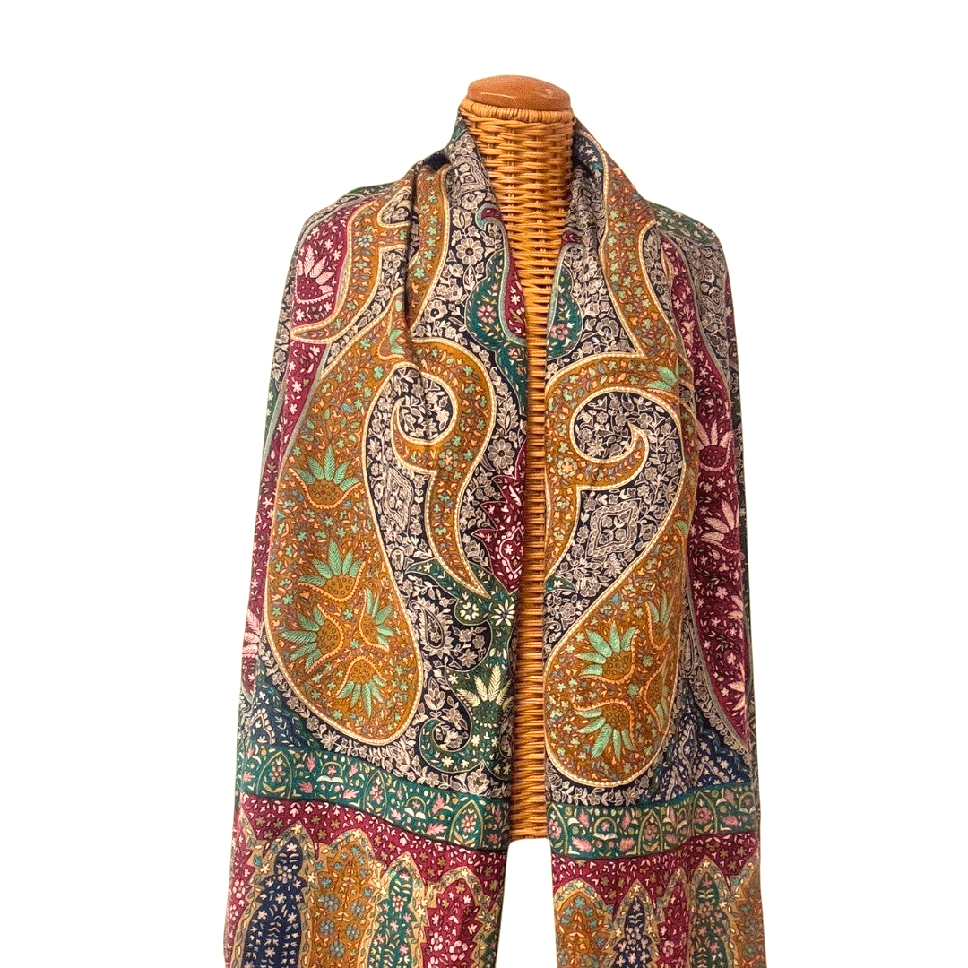 RANEE Heirloom Cashmere Wrap – Flat Lay Showing Full 102x209cm Hand-Painted Kalamkari Pashmina Shawl | Indus Weavers