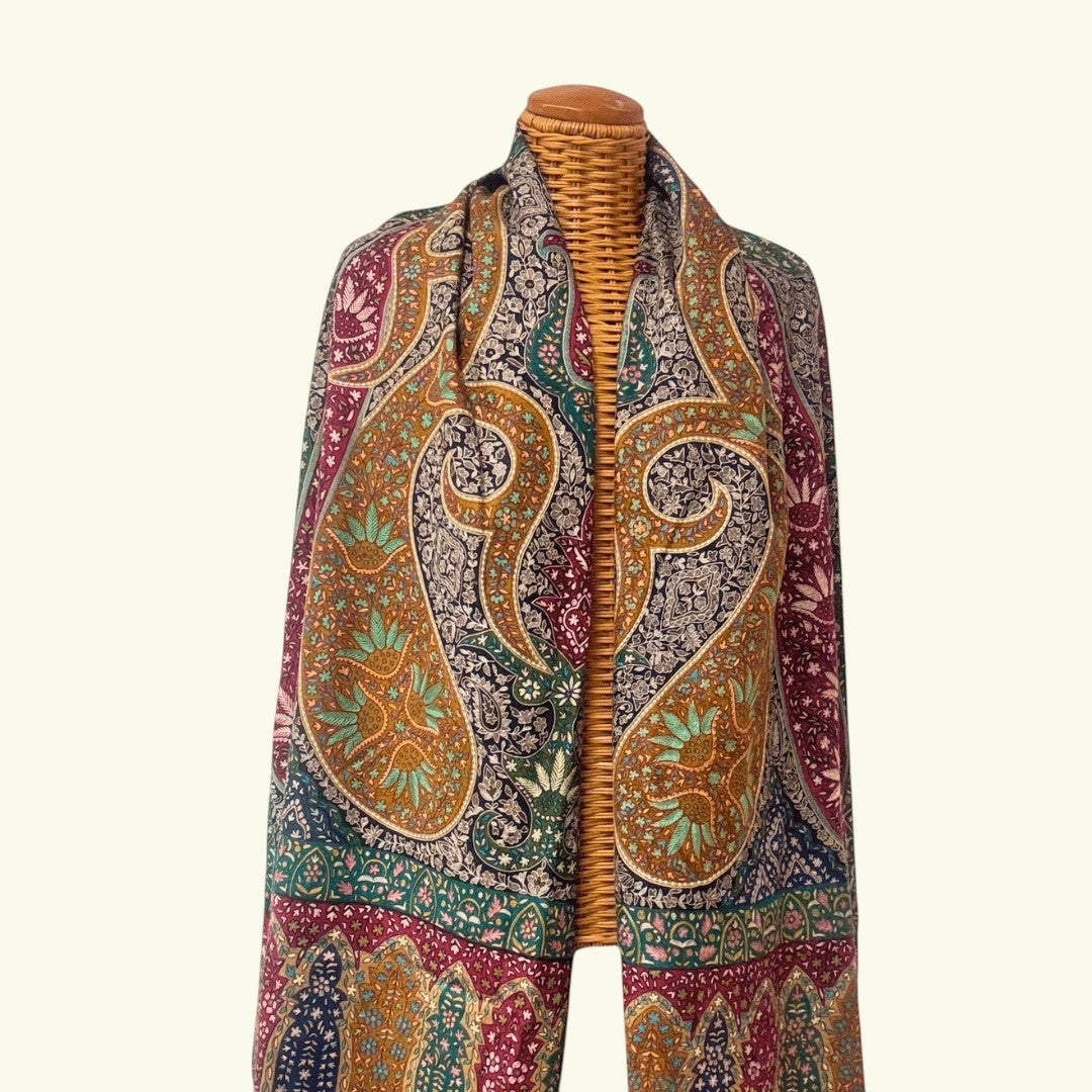 RANEE Heirloom Cashmere Wrap – Flat Lay Showing Full 102x209cm Hand-Painted Kalamkari Pashmina Shawl | Indus Weavers