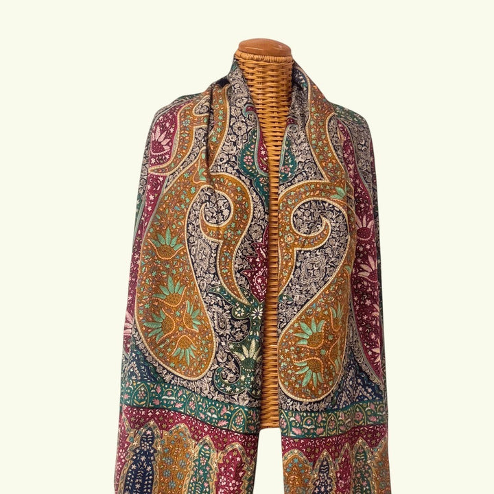 RANEE Heirloom Cashmere Wrap – Flat Lay Showing Full 102x209cm Hand-Painted Kalamkari Pashmina Shawl | Indus Weavers