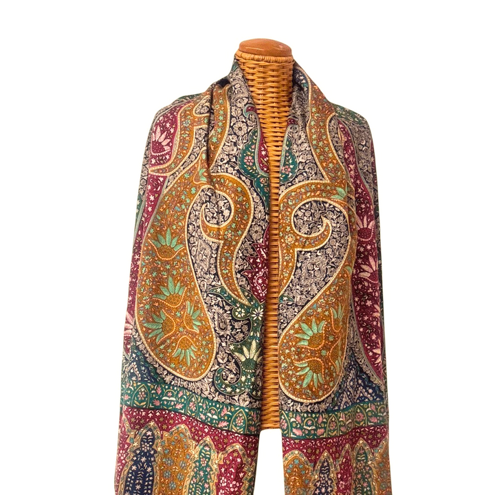 RANEE Heirloom Cashmere Wrap – Flat Lay Showing Full 102x209cm Hand-Painted Kalamkari Pashmina Shawl | Indus Weavers