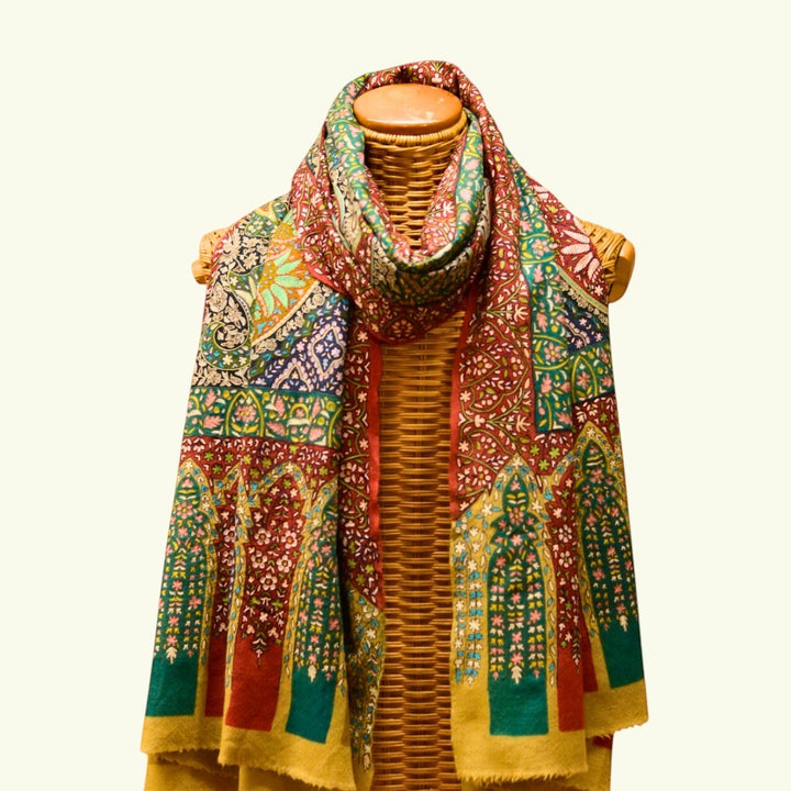 RANEE Kashmiri Kalamkari Pashmina Shawl – Full View Red & Brown Hand-Painted Mandala Cashmere Wrap | Indus Weavers