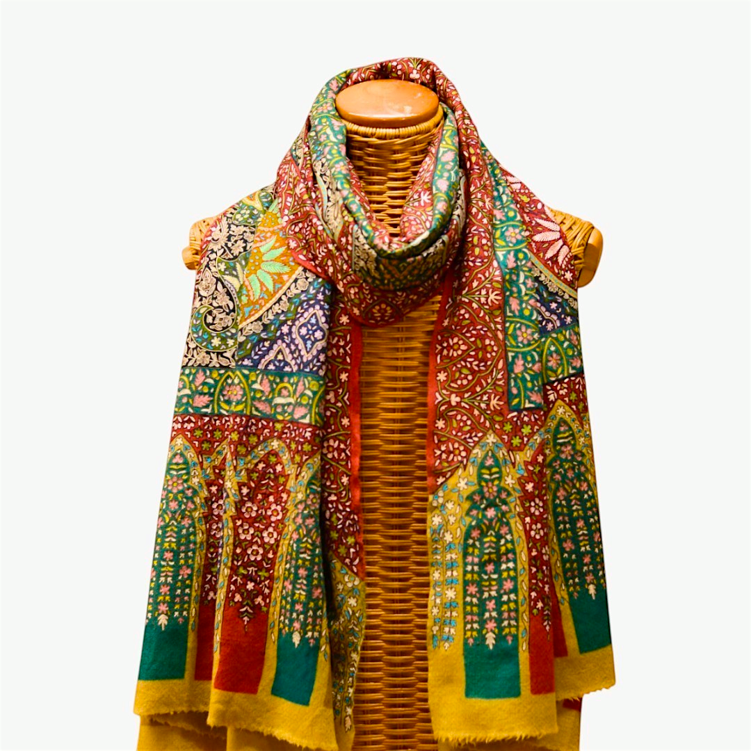 RANEE Kashmiri Kalamkari Pashmina Shawl – Full View Red & Brown Hand-Painted Mandala Cashmere Wrap | Indus Weavers