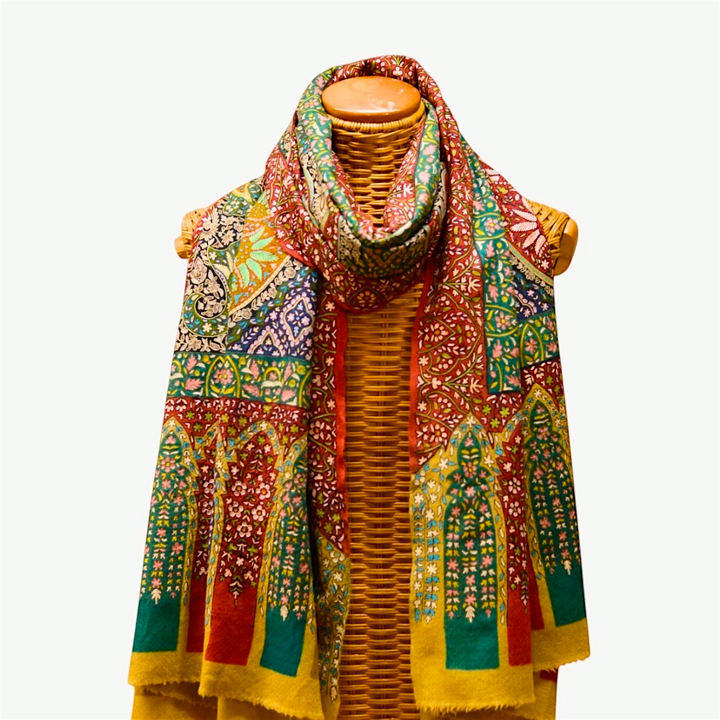 RANEE Kashmiri Kalamkari Pashmina Shawl – Full View Red & Brown Hand-Painted Mandala Cashmere Wrap | Indus Weavers