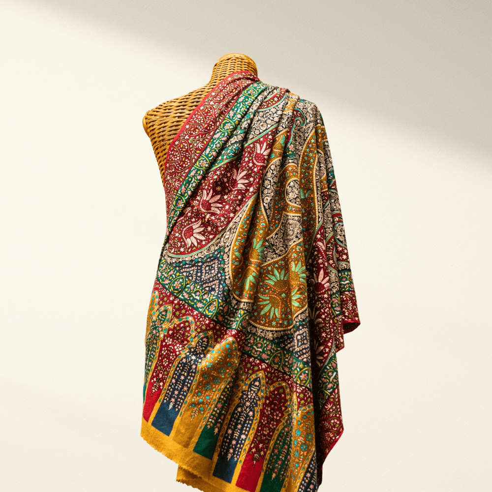 RANEE – Hand - Painted Kalamkari Pashmina Shawl | Aari Sozni Embroidered Cashmere Wrap - Indus Weavers