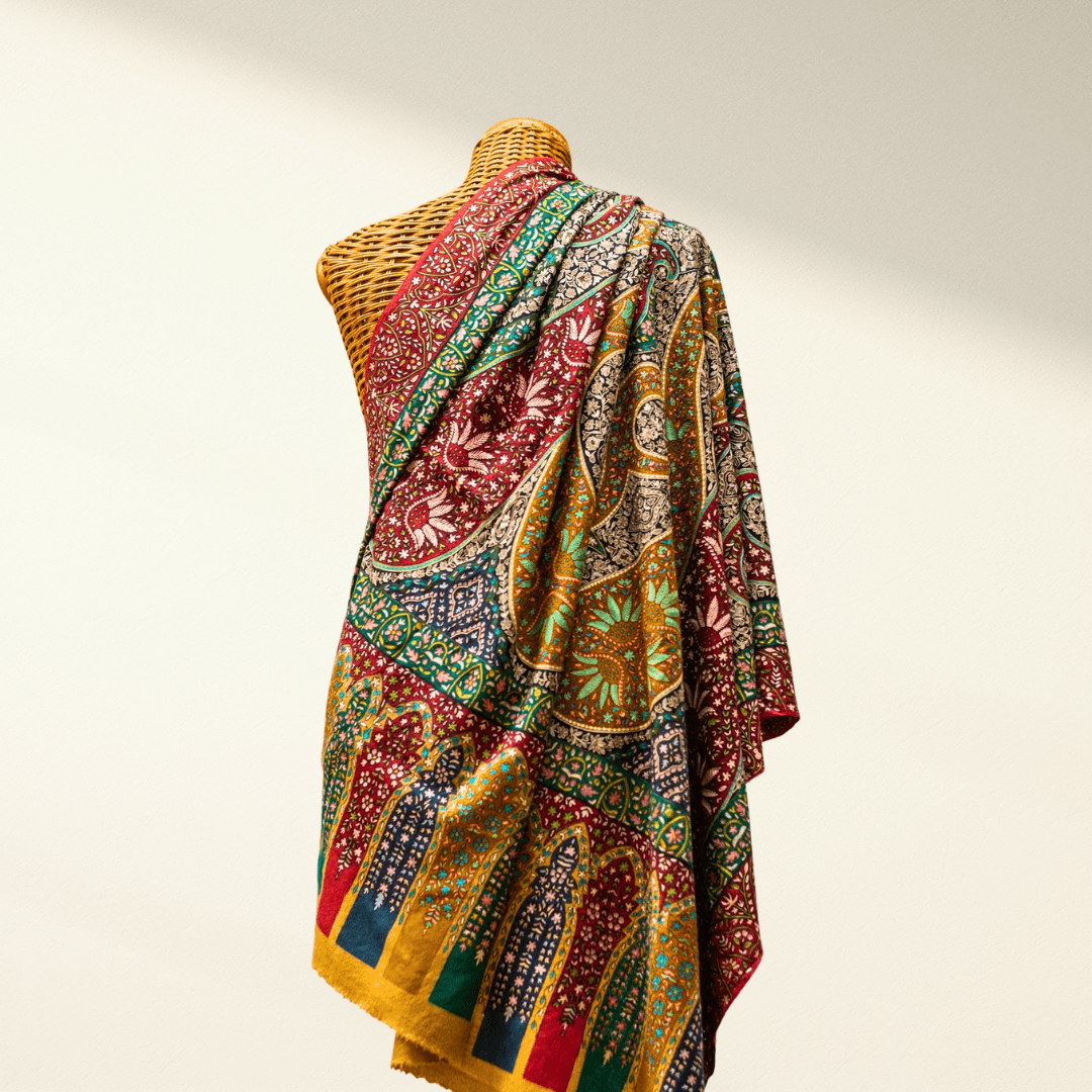 RANEE – Hand - Painted Kalamkari Pashmina Shawl | Aari Sozni Embroidered Cashmere Wrap - Indus Weavers