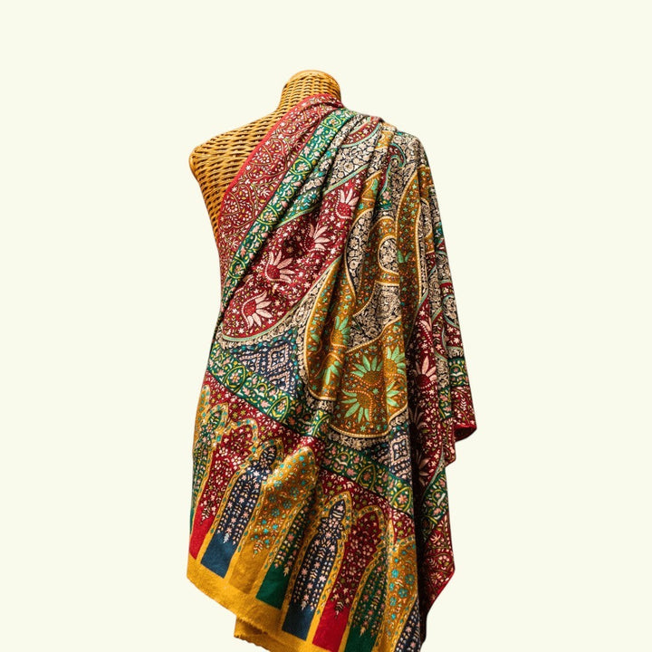 RANEE Bridal Pashmina Shawl – Draped Lifestyle View of Red & Brown Kalamkari Cashmere Heirloom Wrap | Indus Weavers