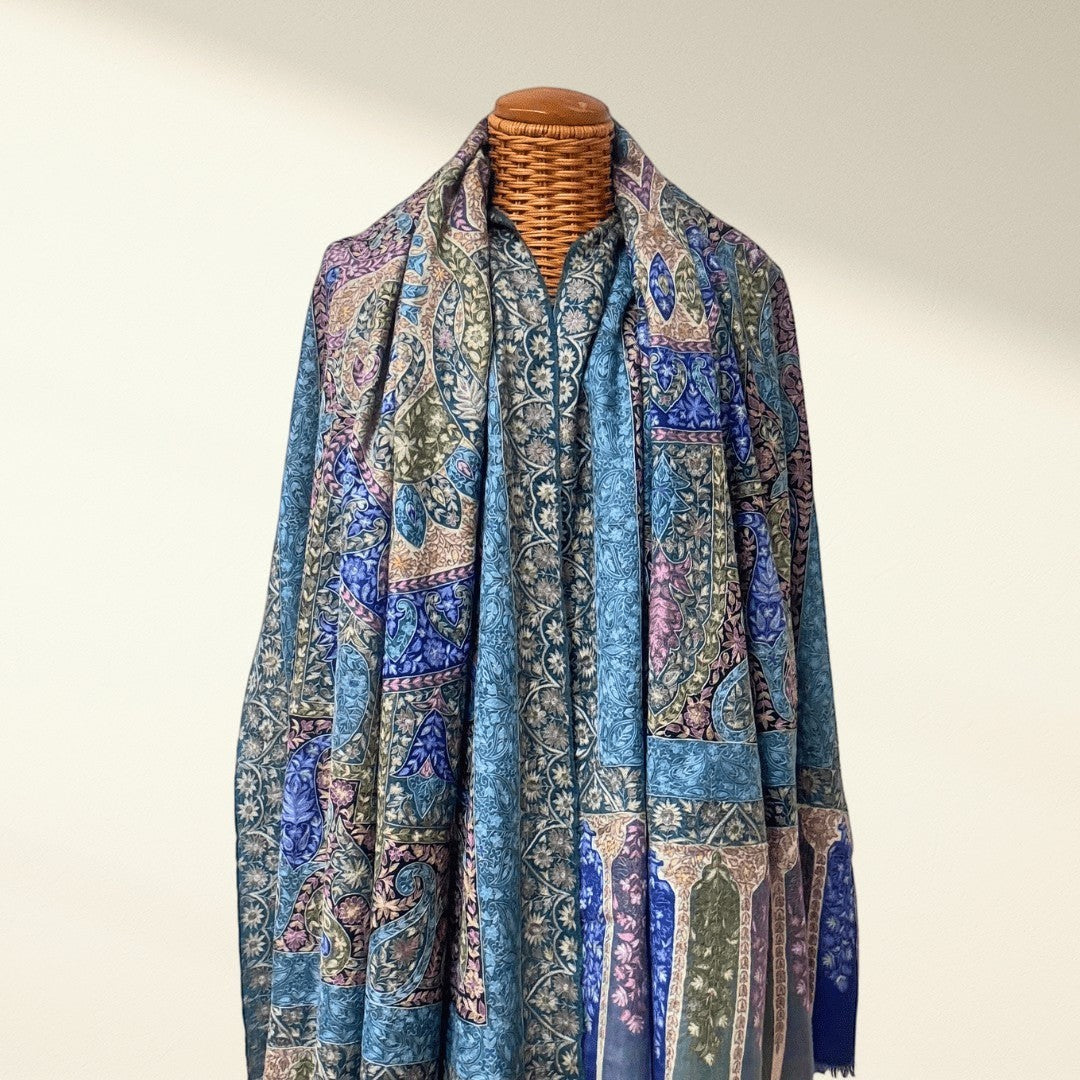 REGINA Kashmiri Kalamkari Pashmina Shawl – Full View Blue & Green Hand-Painted Mandala Cashmere Wrap | Indus Weavers
