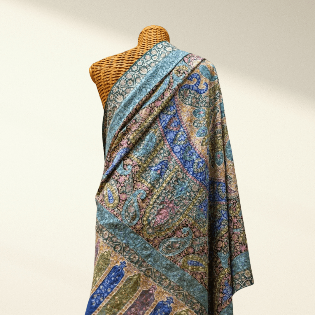 REGINA – Masterpiece Kalamkari Pashmina Shawl | Handwoven & Sozni Embroidered Cashmere - Indus Weavers