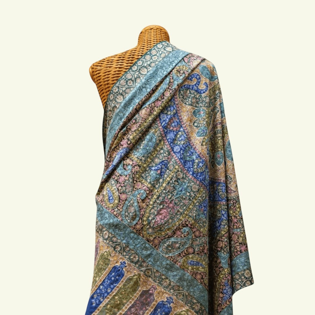 REGINA Heirloom Cashmere Wrap – Flat Lay Showing Full 102x209cm Kalamkari Pashmina Shawl in Blue & Green | Indus Weavers