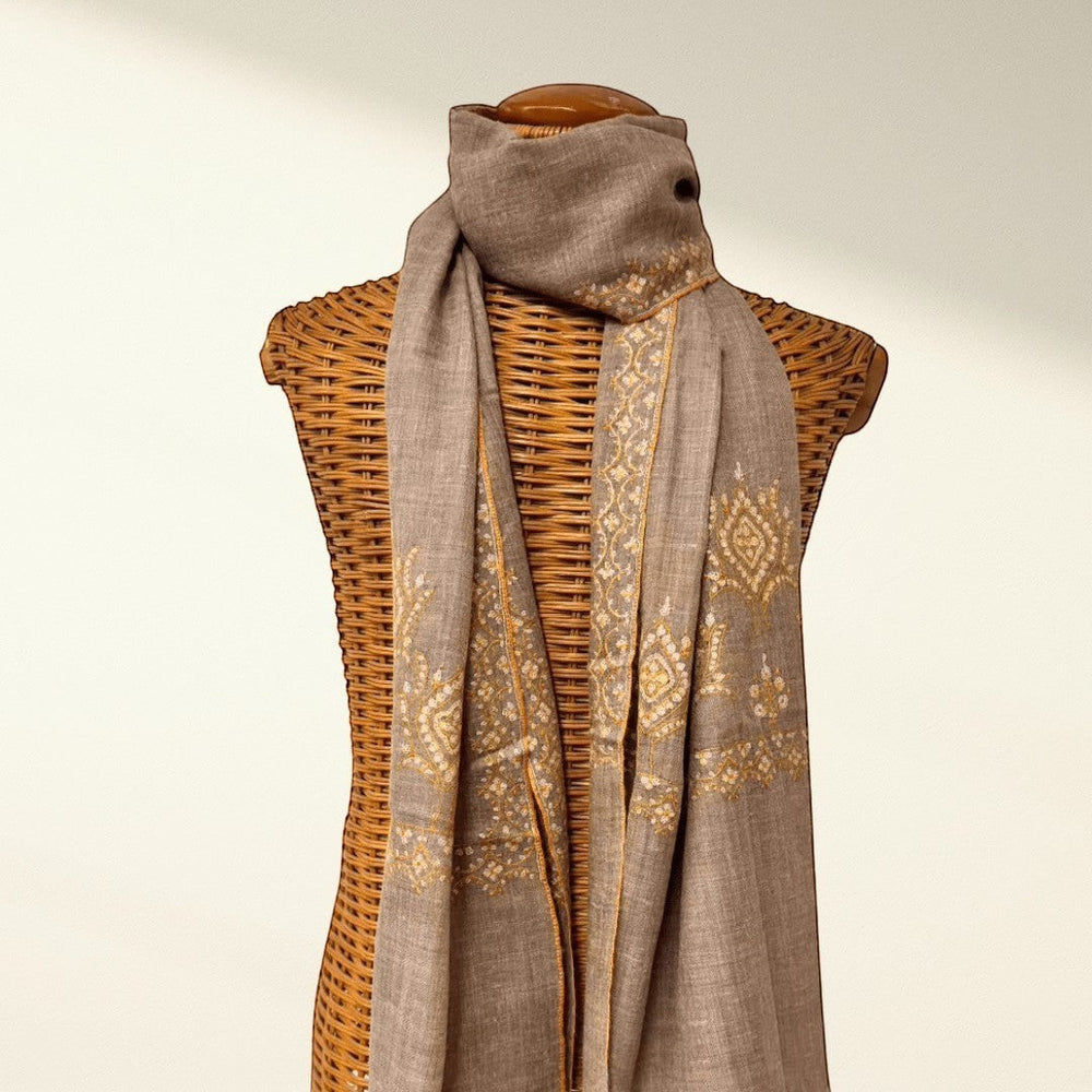 SANA Pure Undyed Pashmina Shawl – Full View Natural Taupe Handwoven Cashmere Scarf with Floral Embroidery | Indus Weavers