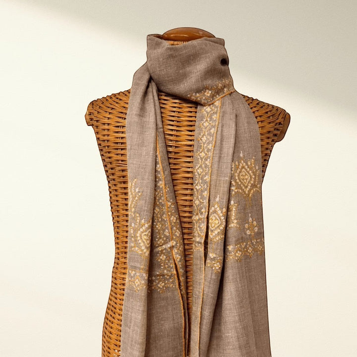 SANA Pure Undyed Pashmina Shawl – Full View Natural Taupe Handwoven Cashmere Scarf with Floral Embroidery | Indus Weavers