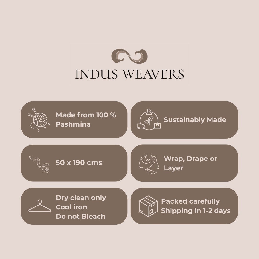 BLISS Luxury Taupe Pashmina Stole – Flat Lay of Undyed Pure Cashmere Wrap with Sozni Embroidered Detail | Indus Weavers
