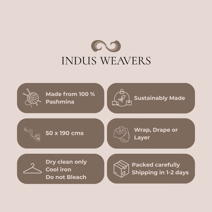 BLISS Luxury Taupe Pashmina Stole – Flat Lay of Undyed Pure Cashmere Wrap with Sozni Embroidered Detail | Indus Weavers