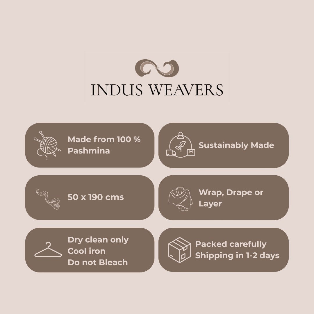 BLISS Luxury Taupe Pashmina Stole – Flat Lay of Undyed Pure Cashmere Wrap with Sozni Embroidered Detail | Indus Weavers