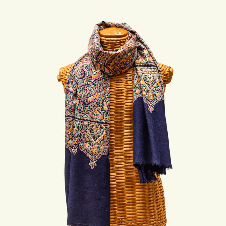 VICTORIA Kashmiri Jamawar Pashmina Shawl – Navy Blue Hand Embroidered Cashmere Wrap | Indus Weavers