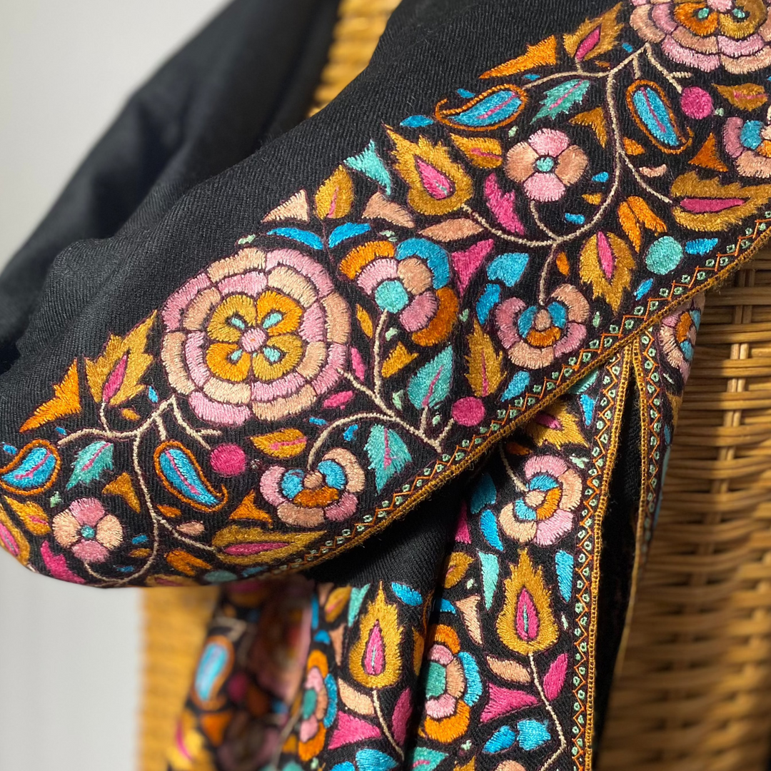 Hand-embroidered black shawl with traditional Papier Mache border design